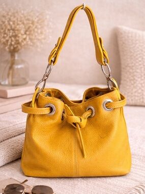 Cuoieria Fiorentina Italian Leather Yellow Bucket Bag Drawstring Shoulder Boho